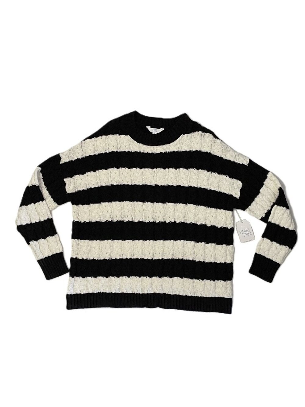 Time and Tru Cable Knit Sweater Women's XL 16-18 Black Striped NWT Cotton Blend